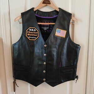 Black Interstate Leather Snap-Up Lined Biker Vest Lace-Up Sides Patches Mens XL
